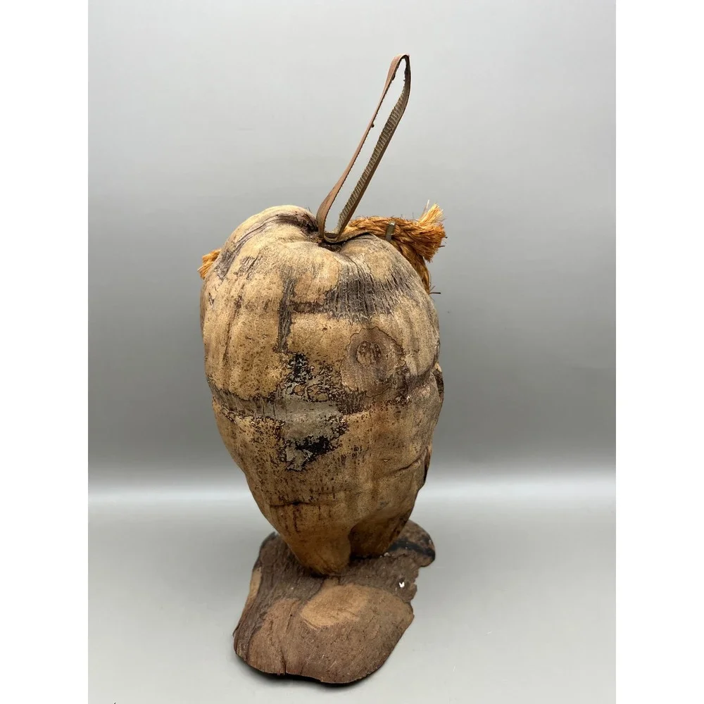 Handmade Coconut Shell Owl Figure Rustic Folk Art Carved Bird Decor 8